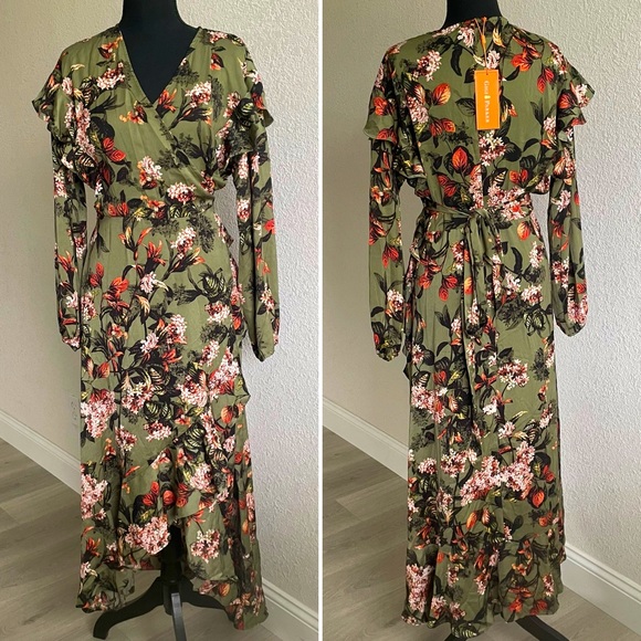 GIGI PARKER • Ruffled Long Sleeve Wrap Dress Safari Floral Deep Lichen Green NWT - Picture 2 of 13